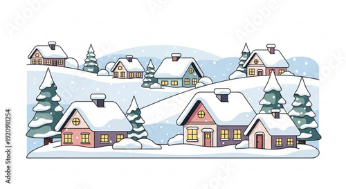 Snowy village scene with colorful houses and pine trees on a hill