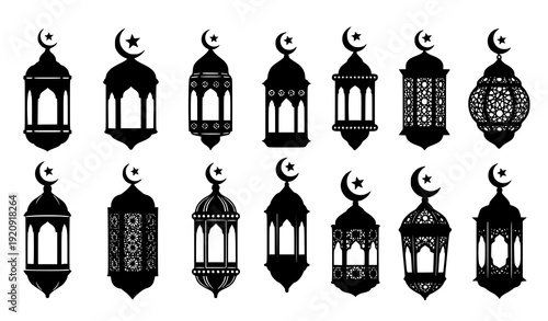 Black Lantern Silhouette Set with Crescent Moon Tops for Ramadan and Eid Vector Illustration