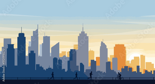 Cityscape illustration at dusk with people jogging in the foreground and skyscrapers in the background from a panoramic viewpoint