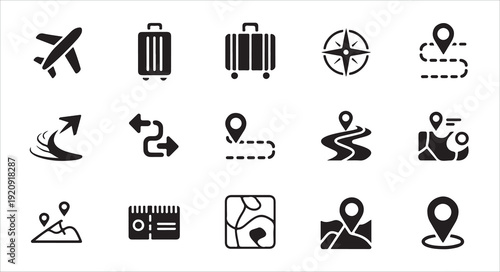 Collection of travel and vacation icons with airplane luggage map and compass