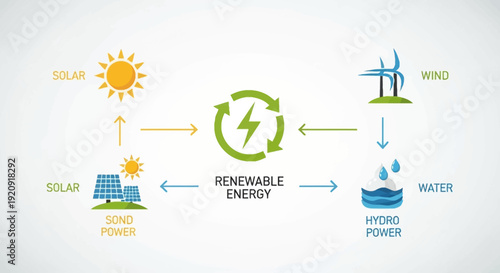 Renewable energy sources including solar, wind, and hydro power are harnessed to generate clean electricity in a sustainable environment