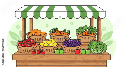 Fresh produce displayed on a wooden market stall with a green striped awning