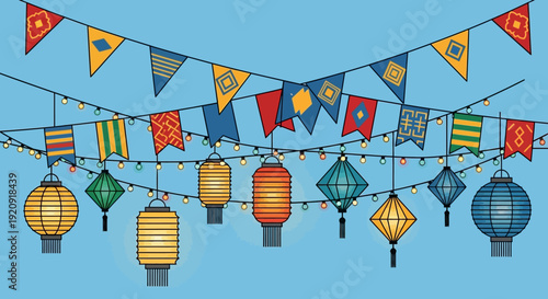 Colorful lanterns and triangular bunting flags hanging from strings in a festive illustration