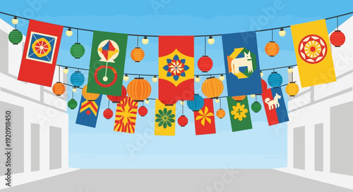 Vibrant decorations hanging from strings across the courtyard, illustrating festive culture and joyful celebration in a public space