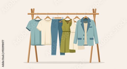Clothing rack with various garments hanging from it viewed from the front in a minimalist setting