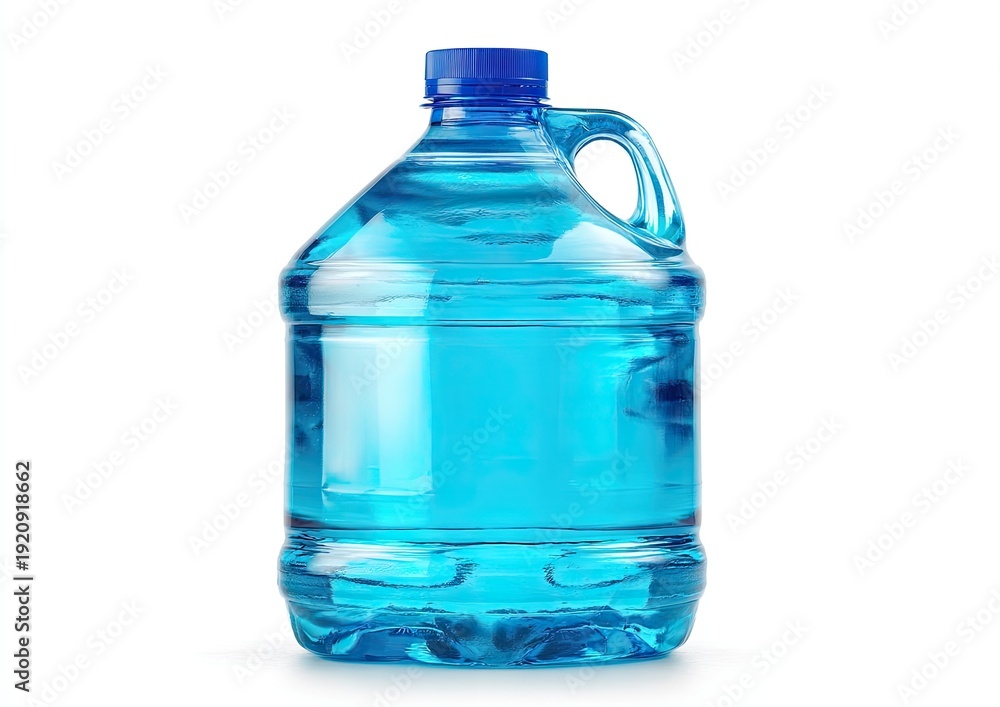 Naklejka premium Large plastic container filled with clear blue liquid, isolated on white background