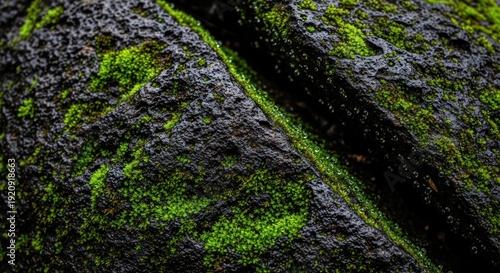 Close-up view of rugged rock surface with vibrant green moss growth in a natural outdoor environment