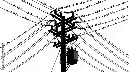 Electric power pole silhouette with crossing transmission lines and birds, black and white illustration representing energy distribution, infrastructure, grid network, and urban technology