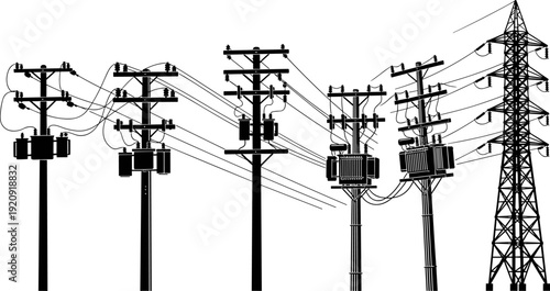 Electricity Utility Poles Black Silhouettes Set, High Voltage Power Transmission Tower and Line Icons, Energy Distribution Vector Illustration, Isolated