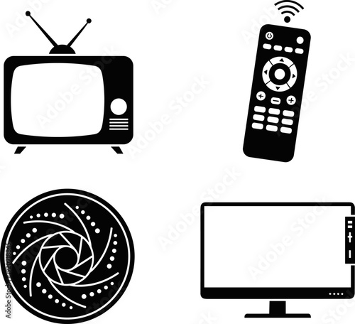 Electronic media icons set, television remote camera shutter and monitor vector illustration, black and white technology symbols for broadcasting, multimedia, digital design projects