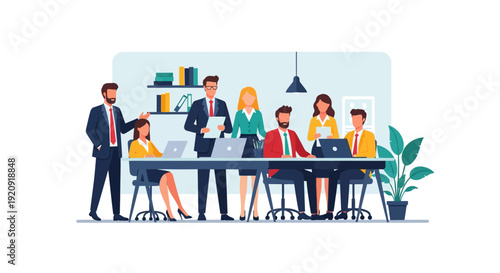 Diverse Business Team Collaboration Meeting. Professionals Working Together in Office Brainstorming Session. Vector Illustration.
