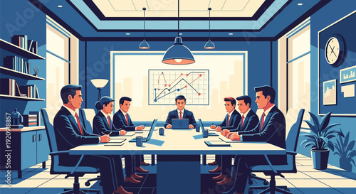 Corporate Boardroom Meeting: Executive Team Strategy Discussion and Financial Data Analysis. Modern Business Vector Illustration.