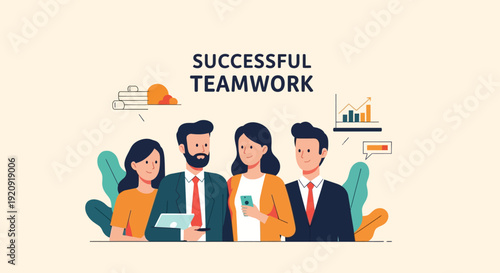 Successful Teamwork Illustration of Business Professionals Collaborating. Corporate Group Achievement and Strategy Development Flat Vector.