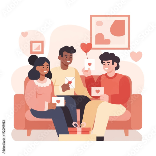 Three friends share love and connection on valentines day sitting together on a couch