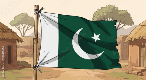 Pakistani flag waving in a rural village with traditional huts and trees in the background