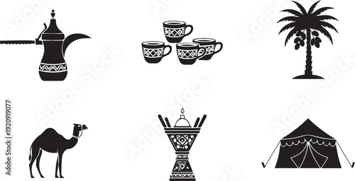 Set of Egyptian islamic symbols and vector icons featuring black silhouette art design for coffee and tea drink decoration