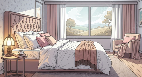Cozy bedroom with pink and white decor large window overlooking serene landscape comfortable bed and chair