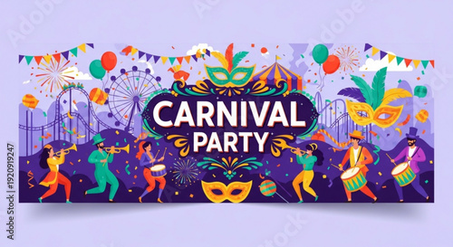 Vibrant carnival party banner with masks and dancing figures at night