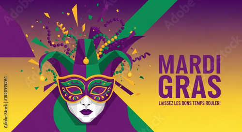 Mardi gras mask with purple green and gold decorations on yellow background