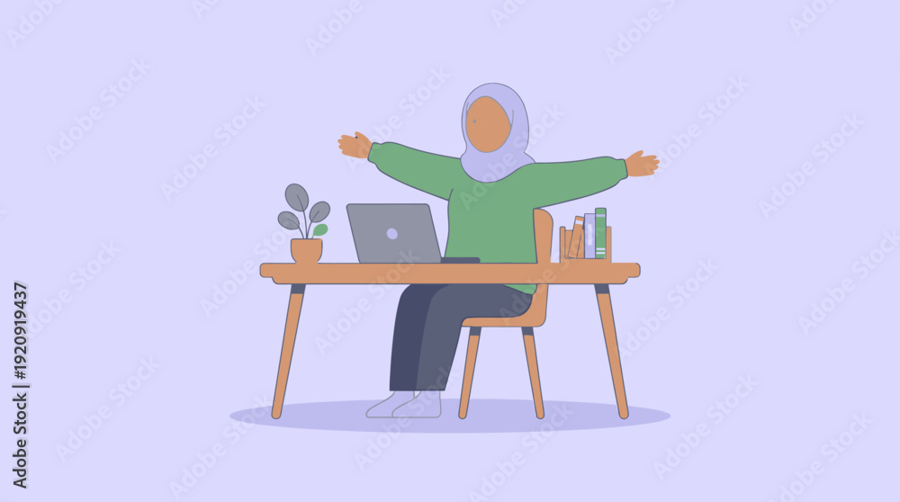 Fototapeta premium Vector illustration of an employee stretching at a remote desk with a laptop on a calm purple background.