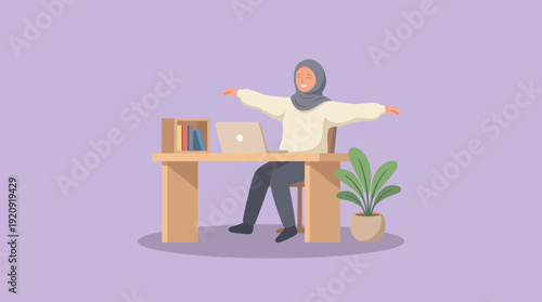 Flat vector illustration of a cheerful employee in hijab stretching at her desk during remote work.