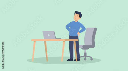 Vector illustration of an employee stretching their back at a home office desk during remote work.