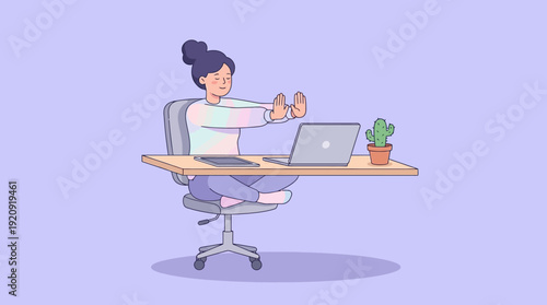 A calm vector illustration shows an employee stretching at her desk during remote work on a light purple background.