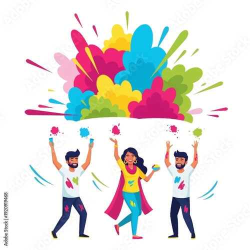 Three people celebrating with colorful powder in the air, a vibrant and lively scene of joy and festivity