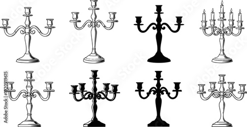 Elegant candelabra illustration set featuring classic candle holders, vintage decorative lighting designs isolated on white background, ornate black and outline vector collection