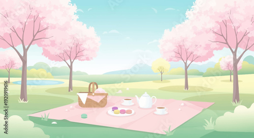A serene picnic scene with a blanket and basket under blooming pink trees in a lush green park