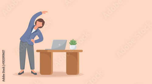 Vector illustration of an employee stretching at a desk during remote work, on a calming pastel background.