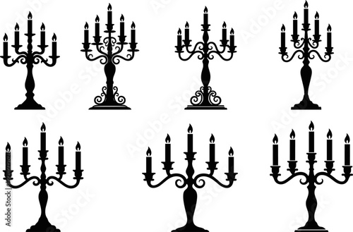 Elegant candelabra silhouette vector illustration set, vintage candle holder designs collection, classic decorative lighting ornaments, black gothic interior decor symbols