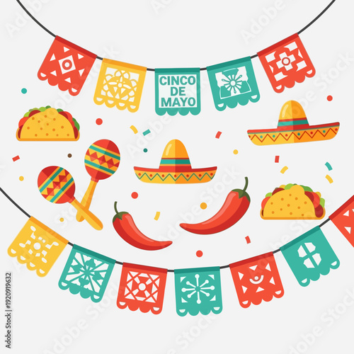 Vibrant Cinco de Mayo celebration decorations featuring sombreros, maracas, and chili peppers on a festive banner