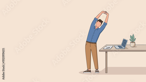 A vector illustration of an employee stretching during remote work, taking a break in a calm home office.