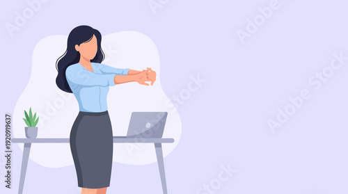 A vector illustration of a professional woman stretching her arms at a home office desk during remote work.
