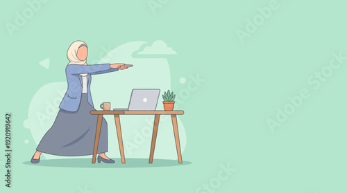 Minimalist vector of a muslim woman stretching at her remote work desk with a laptop on a calming green background.
