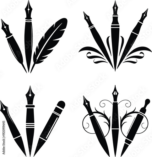 Elegant fountain pen and feather quill vector illustration set, vintage writing tools, calligraphy ink pen symbols, education art and literature concept
