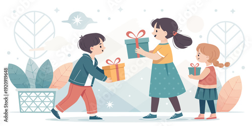 Children exchanging gift boxes with happy expressions, symbolizing giving and joy, ideal for Ramadan or Eid celebrations