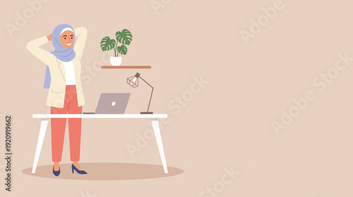 A cheerful vector illustration depicts a muslim woman stretching at her desk during a remote work break in a calm home office.