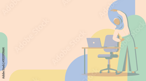 A pastel vector illustration depicts a female employee in a hijab stretching at her desk during calm remote work.