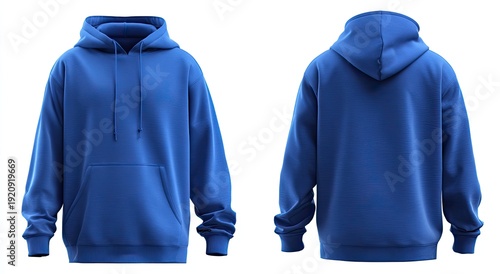 A front and back view of a royal blue hooded sweatshirt isolated on a white background