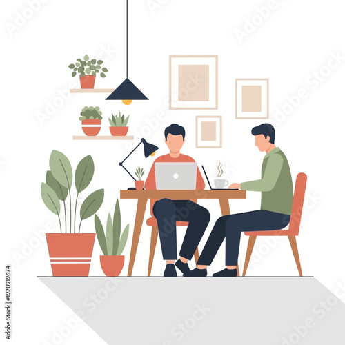 Two individuals collaborating at a wooden desk surrounded by plants and modern decor in a well-lit indoor setting