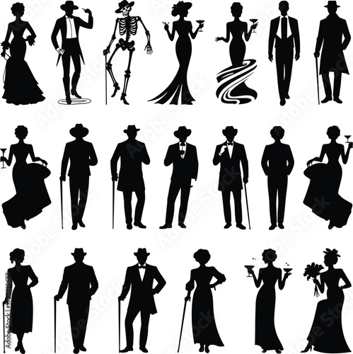 Elegant vintage people silhouettes in formal dresses and suits holding drinks and canes, retro party fashion vector illustration for classic style design concept
