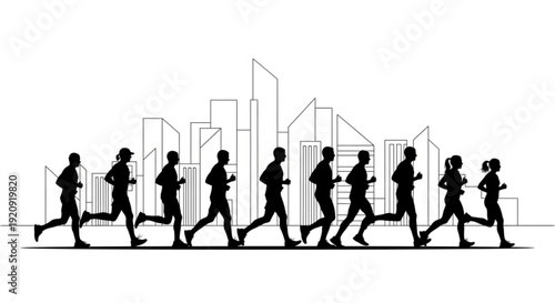 Group of people running in unison against a city skyline background at dawn or dusk conveying teamwork fitness and urban lifestyle concepts