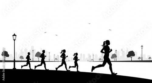 Group of people running along a scenic waterfront path with city skyline in background at daytime