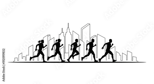 Silhouettes of people running in a cityscape with skyscrapers background at dusk urban fitness concept
