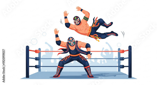 Two lucha libre wrestlers performing aerial move in wrestling ring with colorful ropes and masks