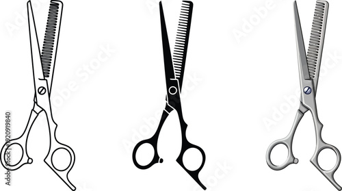 Collection of professional hair cutting scissors including a line art a silhouette and a realistic render isolated on white background for design