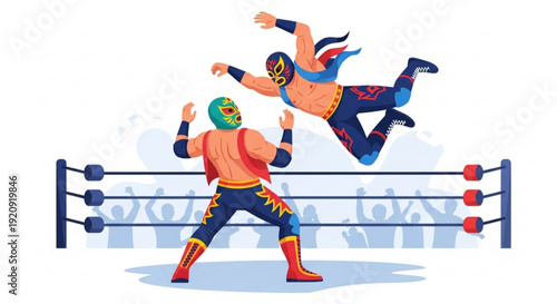 Two luchadores wrestling in a ring with spectators