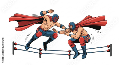 Two luchador wrestlers fighting in a ring with capes and masks dynamic action scene